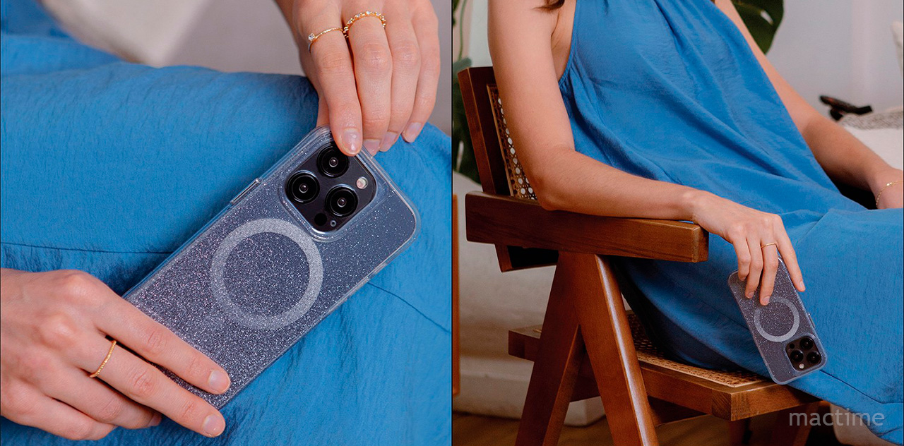 Стильный полупрозрачный чехол синего цвета Uniq COEHL Lumino с MagSafe для iPhone 15 Pro Max